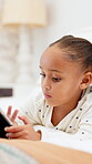 Girl, kid and learning with tablet for interaction, entertainment or childhood in bedroom. Child, browsing and playing on technology with educational games, online development or digital app in house