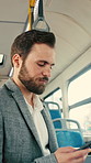 Businessman, commute and smile on bus with phone, text message alert and travel to work destination. Happy, person and morning journey in public transport with tech, job email and vision for future.