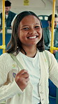 Teen, face and travel to school in bus, education and girl with smile for morning commute or journey. Portrait, student and happy kid with bag in public transport, knowledge and academic development