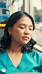 Tired, commute or nurse on bus with sleep, exhausted or burnt out in afternoon travel. Fatigue, doctor or Asian woman in transport with low energy, overworked or passenger journey at end of day.