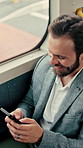 Travel, mobile and business man in bus for online post, typing message and reading notification. Phone, public transport and happy person on internet for social media, networking and morning commute