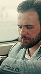 Businessman, travel and watch with stress in bus for time management, appointment or delay in traffic. Person, check clock and passenger with thinking at window, commute and public transportation