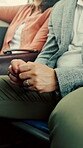 Nervous, hands and business person in bus for commute, public transportation or late for appointment. Impatient, passenger and businessman with anxiety for delay, journey and travel for job interview