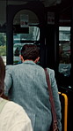 Bus, passenger and boarding with door in city street for travel or public transportation service. Back view, people and entrance with vehicle or driver for journey, road trip or commute in urban town