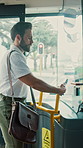 Man, bus and scanner with phone for travel, payment and digital boarding pass for ticket in shuttle. People, passenger and tap smartphone with mobile app, iot and vehicle for public transportation