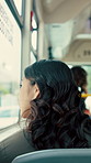 Businesswoman, thinking and travel by bus window with work destination, commute or real estate career. Realtor, person and morning journey in public transport with thoughts, plan or vision from back.