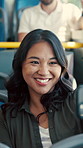 Travel, selfie and bus with happy woman in city street for photography, journey or memory. Female person, passenger or smile with picture in vehicle for public transportation, trip or capture moment