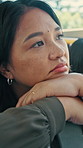 Sad, woman and thinking in bus with commute, career disappointment and travel to work destination. Unhappy, person and morning journey in public transport with reflection, daydream and worry for job.