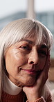 Thinking, senior woman and smile at house with vision, calm expression and nostalgia memory. Thoughts, elderly person and reminiscing with sentimental reflection, daydreaming and  remember past life