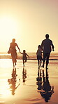 Running, parents or children holding hands for beach sunset, family trip or holiday for weekend travel. Back, people and girls with support for summer vacation, mockup space and journey for bonding