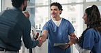 Nurse, shaking hands and meeting with applause for medical care, internship and support in hospital. Healthcare team, people and handshake with digital tech, administrator and promotion in clinic
