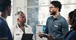 Doctors, feedback and meeting with tablet for medical planning, advice and support in hospital. Healthcare staff, people and discussion with digital tech, administrator and report for clinic results
