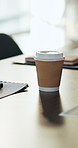 Empty room. coffee and documents on desk at office for meeting, notes and admin at finance company. Boardroom, cup and paperwork with drink, beverage and interior for asset management at agency