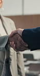 Business, greeting or hands in agency with handshake, b2b or collaboration in negotiation deal. Networking, people or employees in office with introduction, agreement or opportunity for partnership.