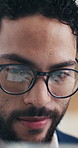 Businessman, analyst and glasses with tablet in office for company statistics or analytics. Man, analysis or performance review with spectacles, reflection or technology for data management or growth