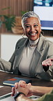 Excited, business and woman talk in meeting with good news, announcement and finance success. Mature person, team and discussion with positive feedback, financial achievement and investment milestone