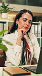 Night, businesswoman and thinking in office with laptop, reading email and doubt for financial audit. Late, person and problem solving in firm with computer, accounting or confused for finance review