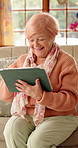 Happy, online and senior woman on tablet for communication, social networking and contact. Retirement, home and elderly person on tech for connection, message and notification for chat on digital app