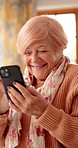 Laugh, phone and senior woman in home with funny joke for chat, communication and social network. Retirement, happy and elderly person on cellphone for connection, message and humor on internet