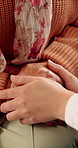 Holding hands, home and nurse with senior person for comfort, empathy and care in assisted living. Retirement, healthcare and caregiver with patient for bonding, relationship and medical service