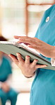 Tablet, woman and hands of nurse in nursing home with research for medical diagnosis or treatment. Digital technology, scrolling and female healthcare worker with telehealth for caregiver service.