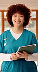 Tablet, happy and face of nurse in nursing home with confidence for career in medical service. Woman, technology and portrait of healthcare worker with pride for about us at facility in Brazil.