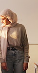 Woman, teacher and walk for supervision in class for education, invigilator and maintain discipline. Muslim, educator and observation to prevent cheating, academic assessment and monitoring behavior