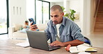 Man, phone and reading with laptop at house for research, finance report and mortgage payment. Male person, tech and writing on notebook for financial reminder, online banking and budget comparison