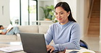 Laptop, typing and businesswoman in home with remote work for finance report with budget plan. Happy, freelancer and Asian female financial advisor on computer for email on investment proposal.