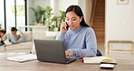 Laptop, phone call and businesswoman in house with remote work for finance report with budget plan. Happy, freelancer and Asian financial advisor on mobile discussion with computer for investment.