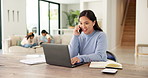 Laptop, phone call and businesswoman in home with remote work for finance report with budget plan. Happy, freelancer and Asian financial advisor on mobile discussion with computer for investment.