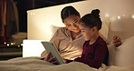 Tablet, bed and mom with child for story, reading and bonding in home at night. Happiness, love and woman or parent with kid and streaming service, subscription or ebook for relaxing and talking