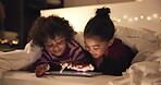 Siblings, night and kids in bed on tablet for streaming, watching cartoons and online games. Family, happy and children on digital tech for connection, internet and website for bonding at bedtime