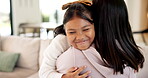 Smile, mother and child with hug in home for bonding together, appreciation and connection. Security, mom or happy daughter with embrace in house for healthy relationship, affection or love gratitude