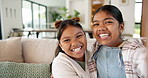 Happy, girls and face with selfie in home for photography, capture moment or memory together. Portrait, sisters or siblings with smile, hug or love for picture, social media post or bonding in house