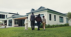 Garden, walking or parents with children by new house, real estate purchase or family holding hands. Back, homeowner and people with kids for relocation support, property investment and outdoor