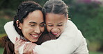 Smile, mother and daughter with hug in nature, connection and family time for relationship development. Security, embrace and woman with child in park, support and happiness for weekend bonding