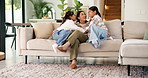 Children, running and hug mom on sofa for excited greeting, welcome home and bonding together. Love, girl kids and embrace mother with energy in house for after work reunion, connection and affection