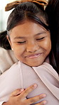 Love, mother and child with hug in house for connection, security and smile for family time together. Bonding, happy woman and daughter with embrace for childhood support, trust or care for affection