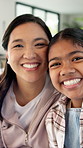 Happy, mother and kid in home with face, healthy relationship or bonding together for child growth. Laugh, support or Asian family with smile, childcare or parent connection in childhood development.