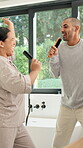 Dancing, couple or singing with hairbrush in bathroom for grooming, fun morning routine or bonding. Energy, happy people and karaoke with haircare tool in home for getting ready, performance and love