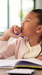 Study, thinking and kid with writing homework for math assessment, equation solution or growth. Insight, child or numeracy assignment in house for problem solving, quiz answer or academic development