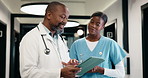 Tablet, doctor and discussion with nurse for healthcare, planning schedule or advice with mentor. Hospital, medical team and black people with insurance report, training and feedback in meeting