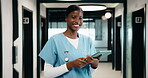 Face, nurse and smile with tablet in healthcare for clinic database, medical records and about us. Health professional, woman and happy with tech in hallway for telehealth, patient care and integrity