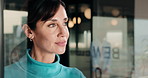 Businesswoman, smile and thinking in office, window and brand manager with creative decision or idea. Business, glass and mature person with marketing choice, reflection and planning for project