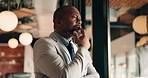 Thinking, manager and black man by glass for business strategy, financial decision and investment. Reflection, corporate and mature person with idea for finance proposal, problem solving and solution