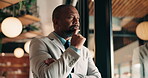 Professional, owner and thinking at restaurant window for expansion vision, venture insight or growth. Cafe proprietor, mature black man or arms crossed for franchise idea, decision or small business