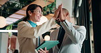 Professional, tablet and partners high five in restaurant for franchise success, sales goal or team. Cafe owners, mature people and celebration on tech for profit target, small business growth or win