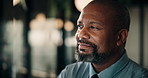 Thinking, happy and black man in office for business strategy, financial decision and investment. Bokeh, corporate and mature person with idea for finance proposal, problem solving and solution