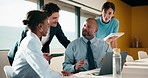 Explain, finance and technology with business people in boardroom for development or review. Investment workshop, laptop and tablet with employee team in financial workplace for risk management